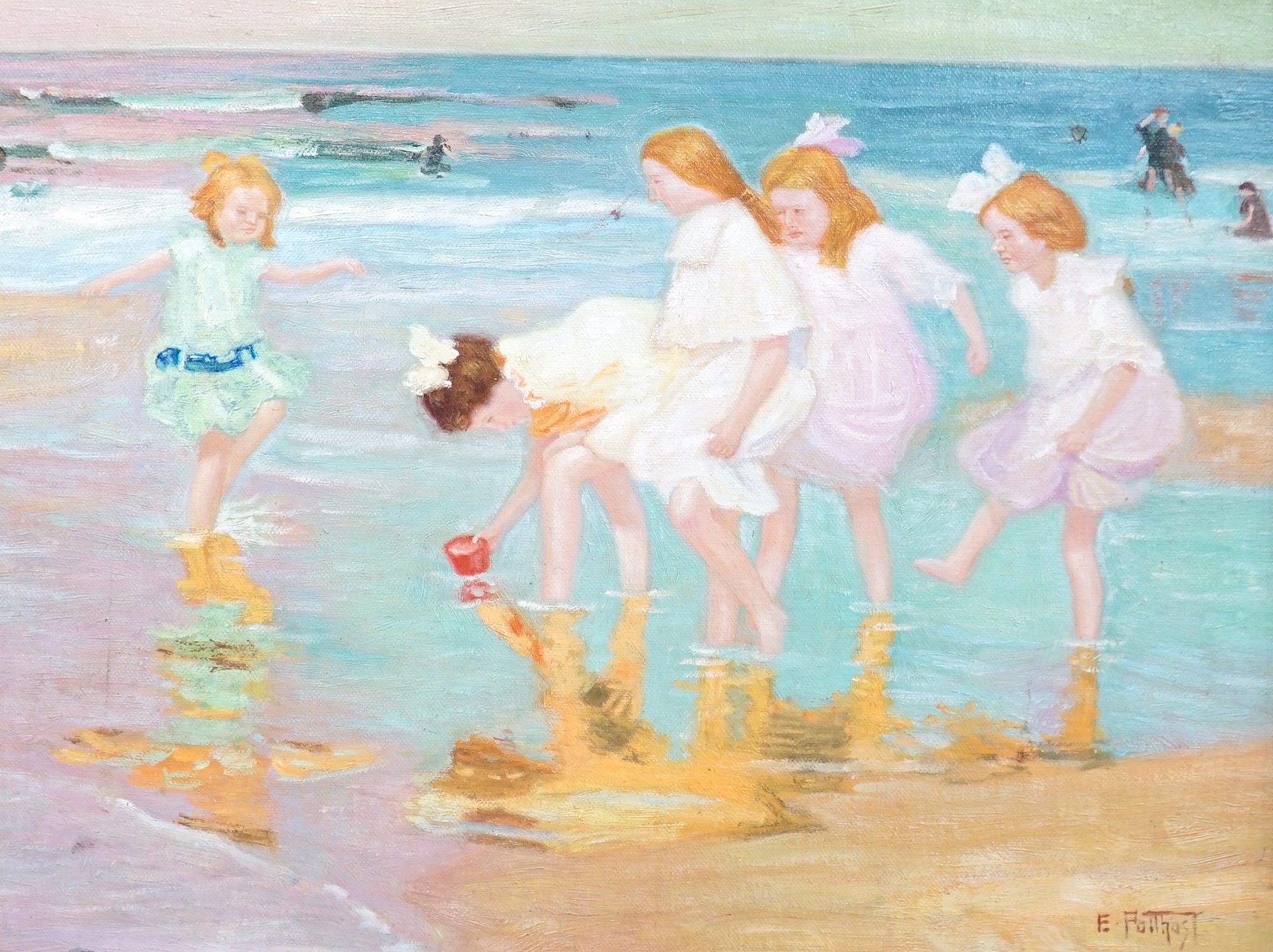 After Edward Henry Potthast (1857-1927), oil on board, figures on a beach, 39cm x 29cm